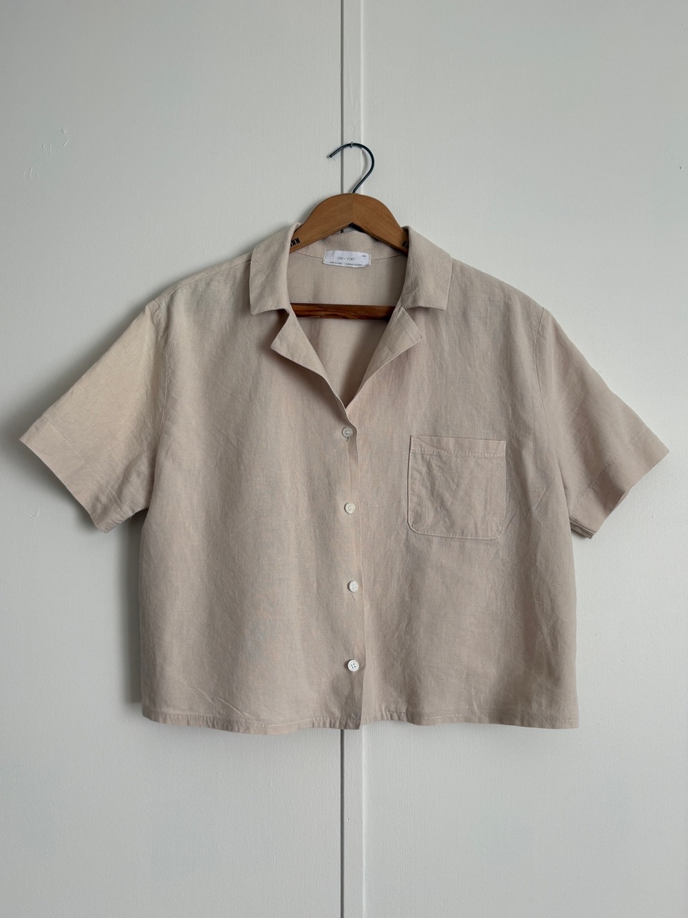 Oak and Fort Neutral Beige Linen Short Sleeve Button-Up Shirt M